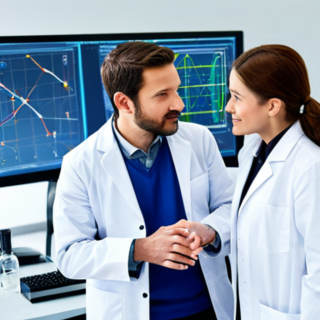 A diverse team of professional chemical engineers, fully clothed in modest lab coats and appropriate business attire, collaboratively discussing a project in a bright, modern R&D laboratory. The setting features sophisticated filtration equipment, a large display screen showing a complex molecular structure related to biodegradable polymers, and subtle elements like a model of a wind turbine or a sleek, recycled plastic prototype. The scene is well-lit, professional photography, high-resolution, detailed, realistic, perfect anatomy, correct proportions, natural pose, well-formed hands, proper finger count, natural body proportions, safe for work, appropriate content, family-friendly.