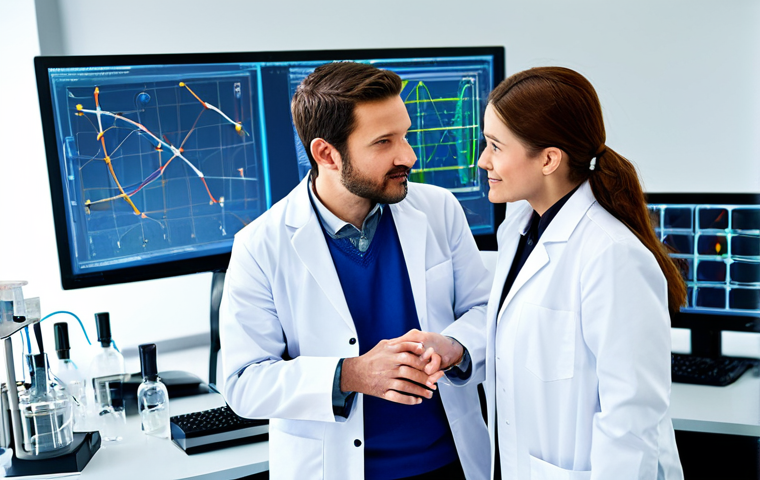 A diverse team of professional chemical engineers, fully clothed in modest lab coats and appropriate business attire, collaboratively discussing a project in a bright, modern R&D laboratory. The setting features sophisticated filtration equipment, a large display screen showing a complex molecular structure related to biodegradable polymers, and subtle elements like a model of a wind turbine or a sleek, recycled plastic prototype. The scene is well-lit, professional photography, high-resolution, detailed, realistic, perfect anatomy, correct proportions, natural pose, well-formed hands, proper finger count, natural body proportions, safe for work, appropriate content, family-friendly.