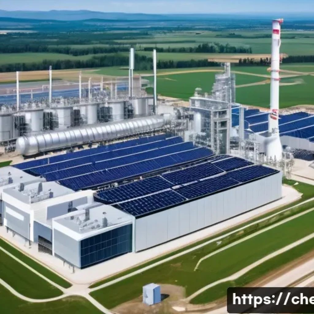 화학공학 공정 설계 - A sprawling, futuristic chemical engineering plant designed for sustainable processes. The facility ...